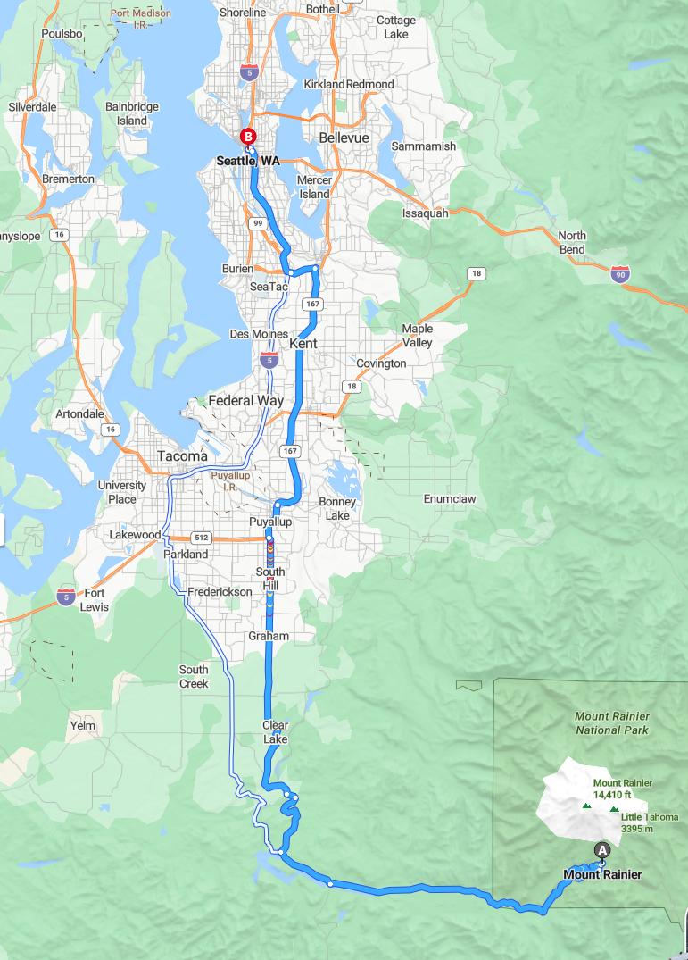 driving from Mount Rainier, Washington to SeattleWashington - map and route