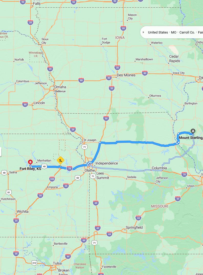 driving from Mount Sterling, Illinois to Fort RileyKansas - map and route