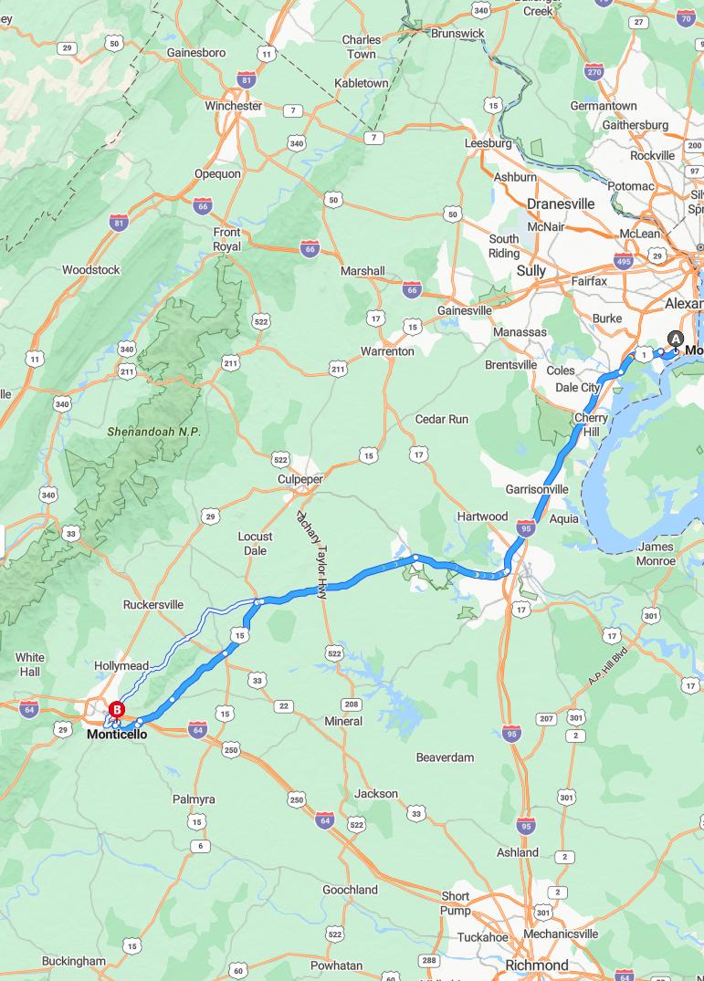 driving from Mount Vernon, Virginia to MonticelloVirginia - map and route