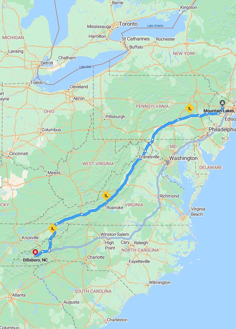 driving from Mountain Lakes, New Jersey to DillsboroNorth Carolina - map and route