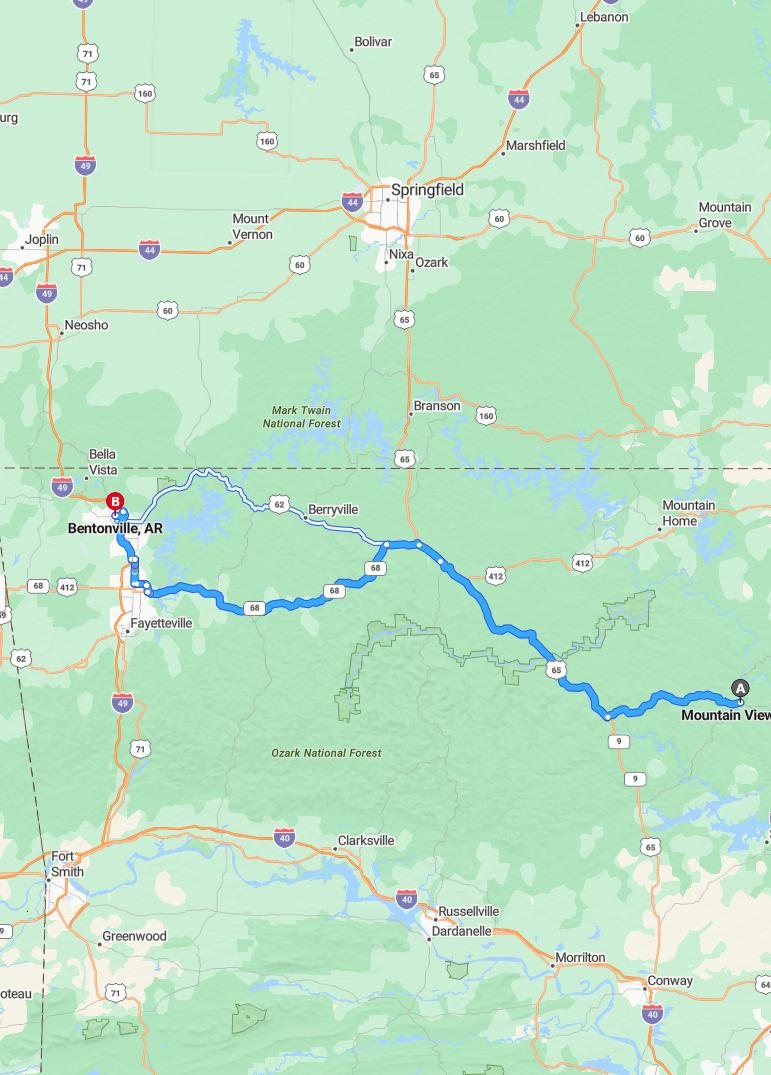 driving from Mountain View, Arkansas to BentonvilleArkansas - map and route