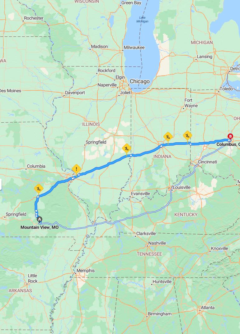 driving from Mountain View, Missouri to ColumbusOhio - map and route