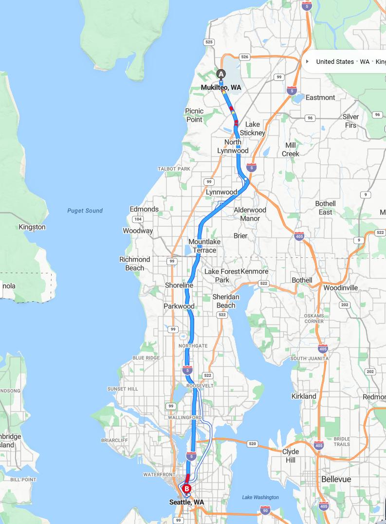 driving from Mukilteo, Washington to SeattleWashington - map and route