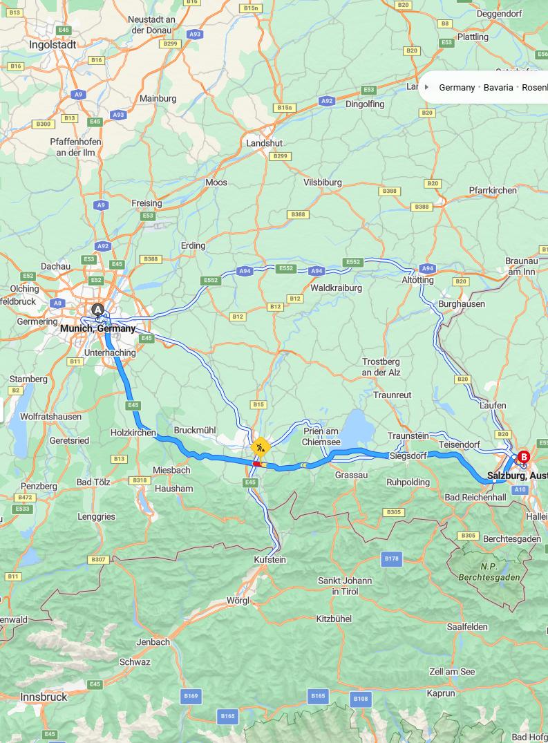 driving from Munich, Bavaria to SalzburgSalzburg - map and route