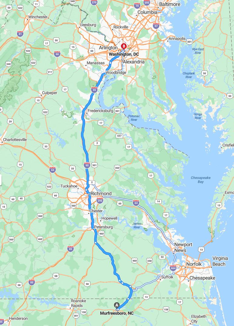 driving from Murfreesboro, North Carolina to WashingtonDistrict of Columbia - map and route