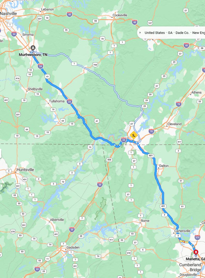 driving from Murfreesboro, Tennessee to MariettaGeorgia - map and route