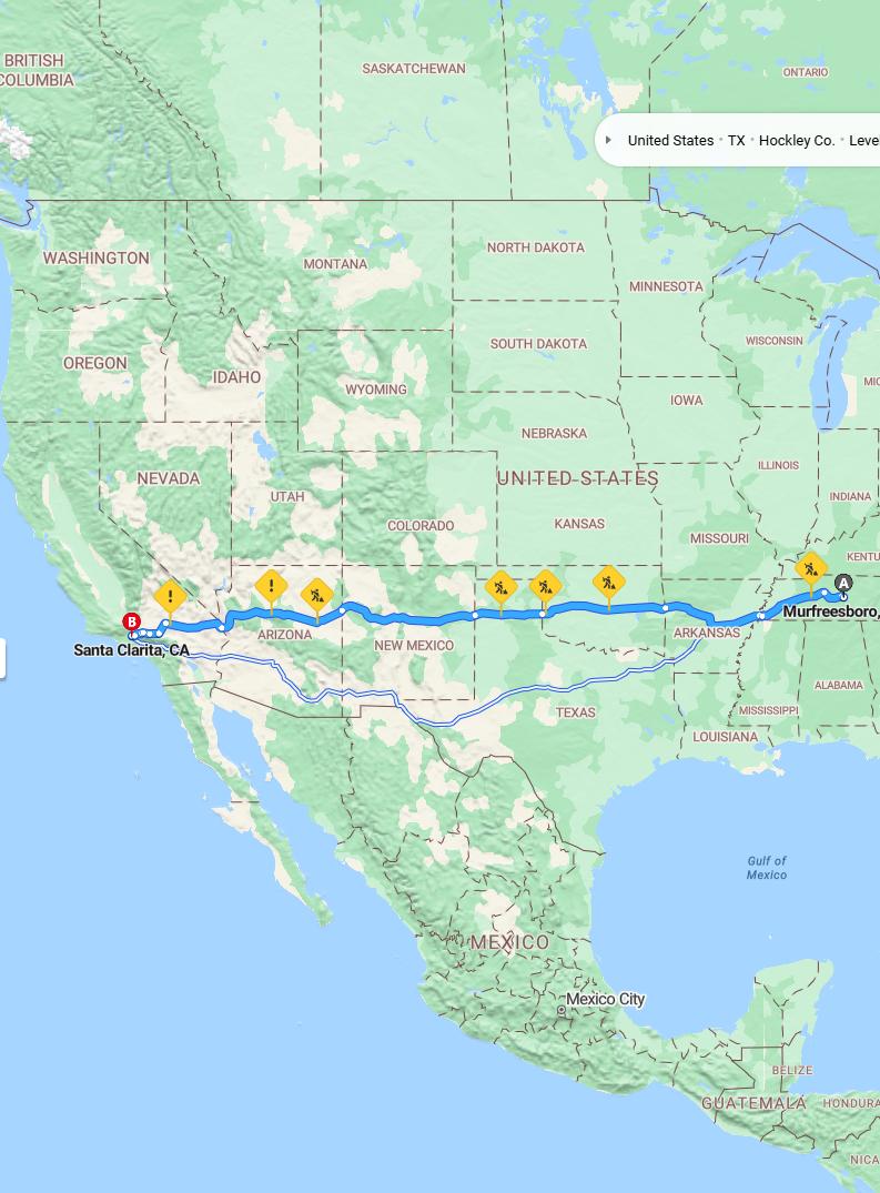 driving from Murfreesboro, Tennessee to Santa ClaritaCalifornia - map and route