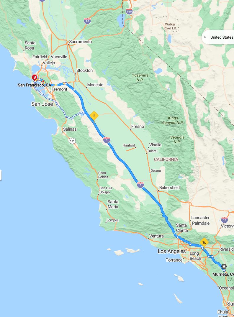 driving from Murrieta, California to San FranciscoCalifornia - map and route