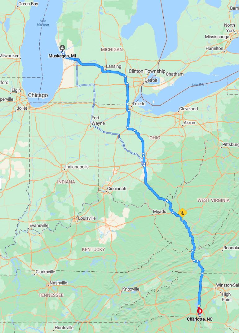 driving from Muskegon, Michigan to CharlotteNorth Carolina - map and route