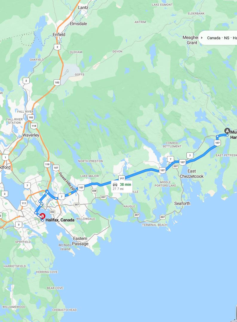 driving from Musquodoboit Harbor, Nova Scotia to HalifaxNova Scotia - map and route