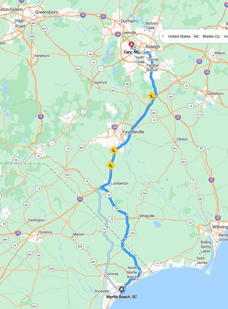 driving from Myrtle Beach, South Carolina to CaryNorth Carolina - map and route