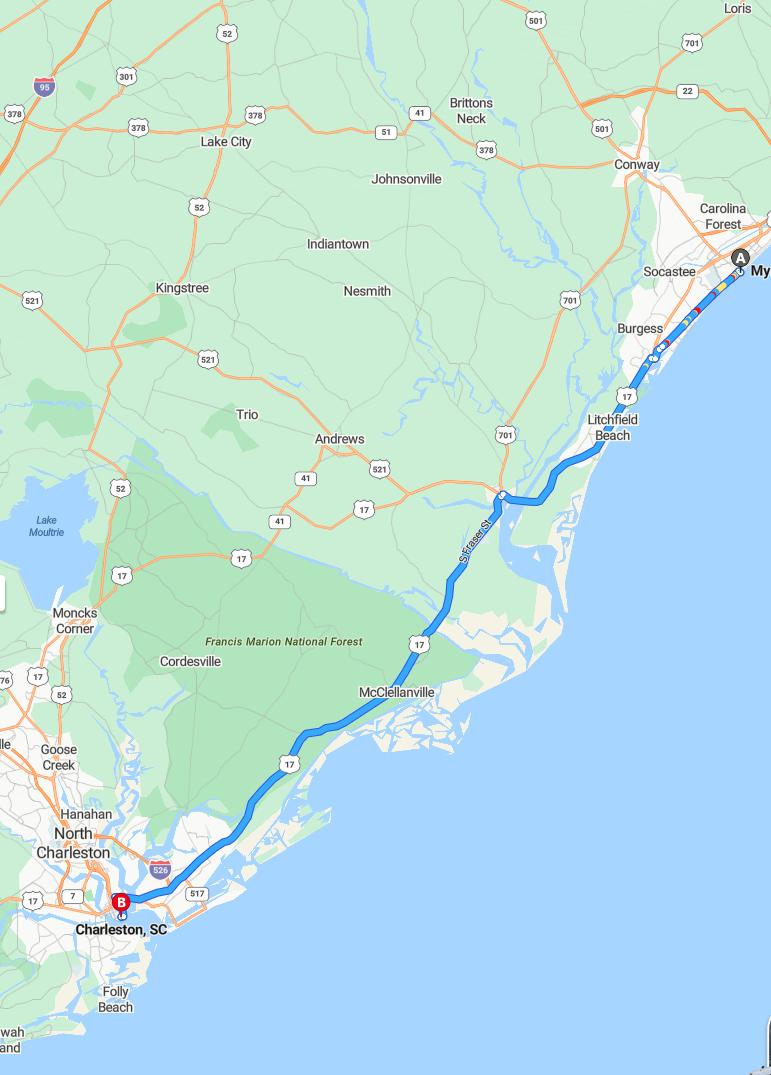 driving from Myrtle Beach, South Carolina to CharlestonSouth Carolina - map and route