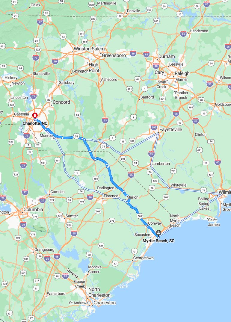 driving from Myrtle Beach, South Carolina to CharlotteNorth Carolina - map and route