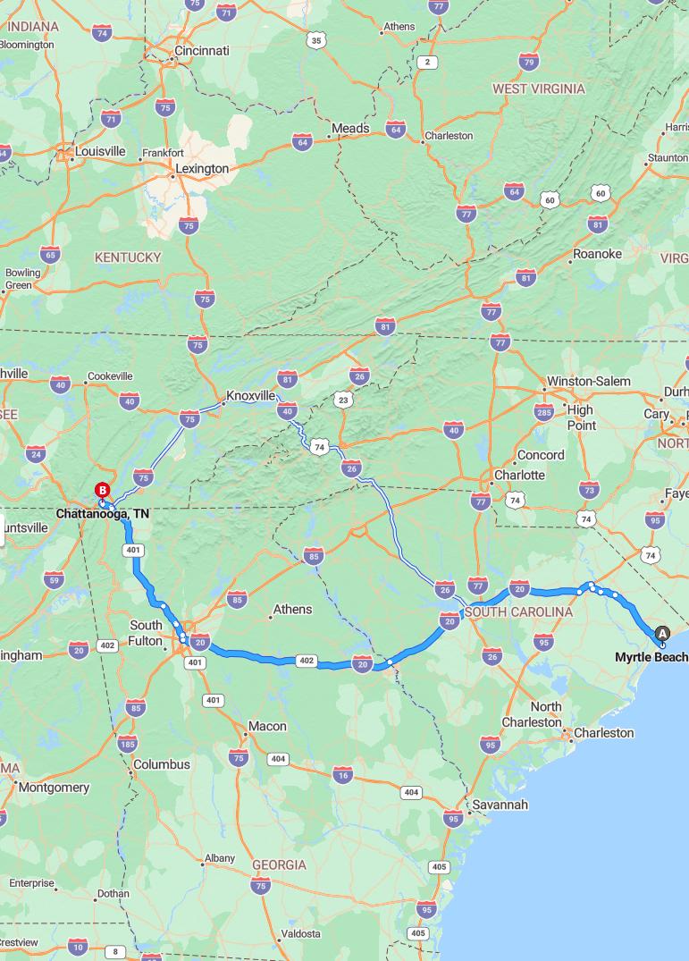driving from Myrtle Beach, South Carolina to ChattanoogaTennessee - map and route