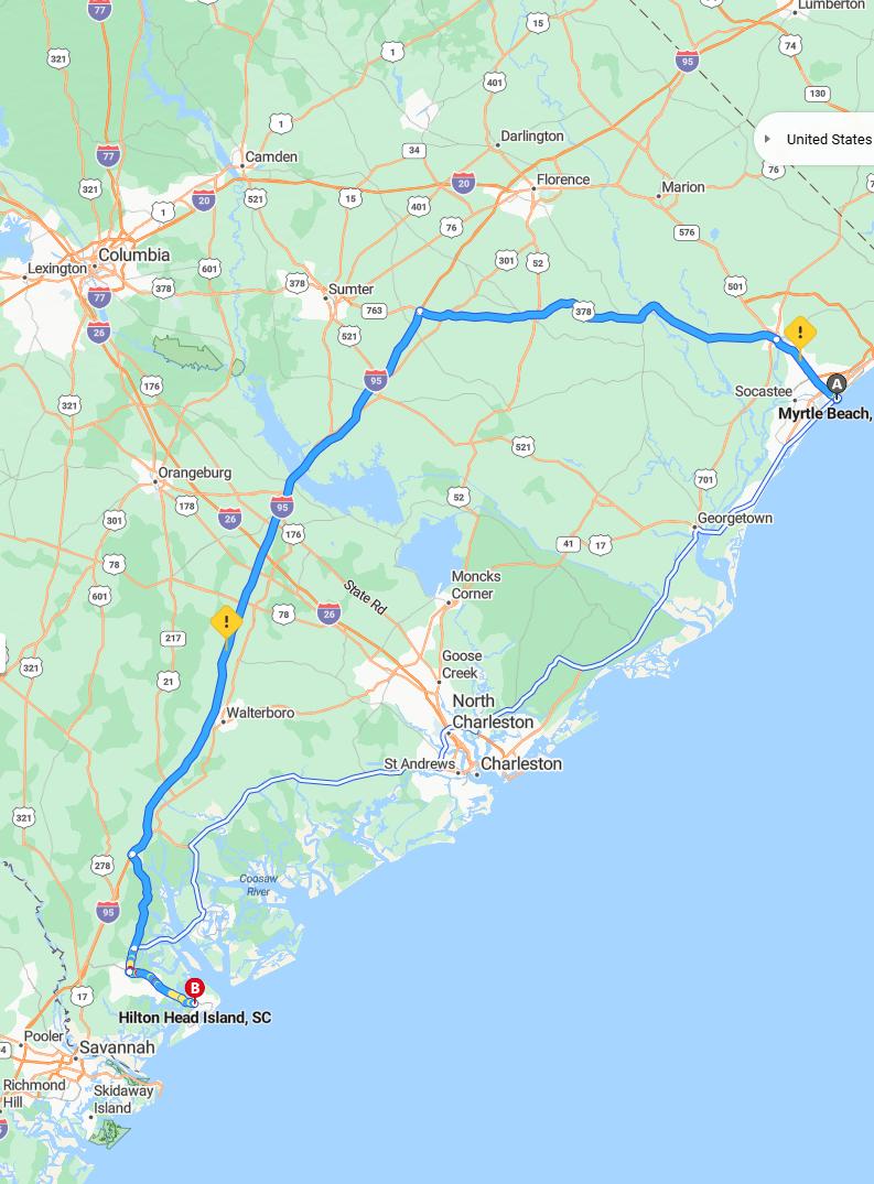 driving from Myrtle Beach, South Carolina to Hilton Head IslandSouth Carolina - map and route