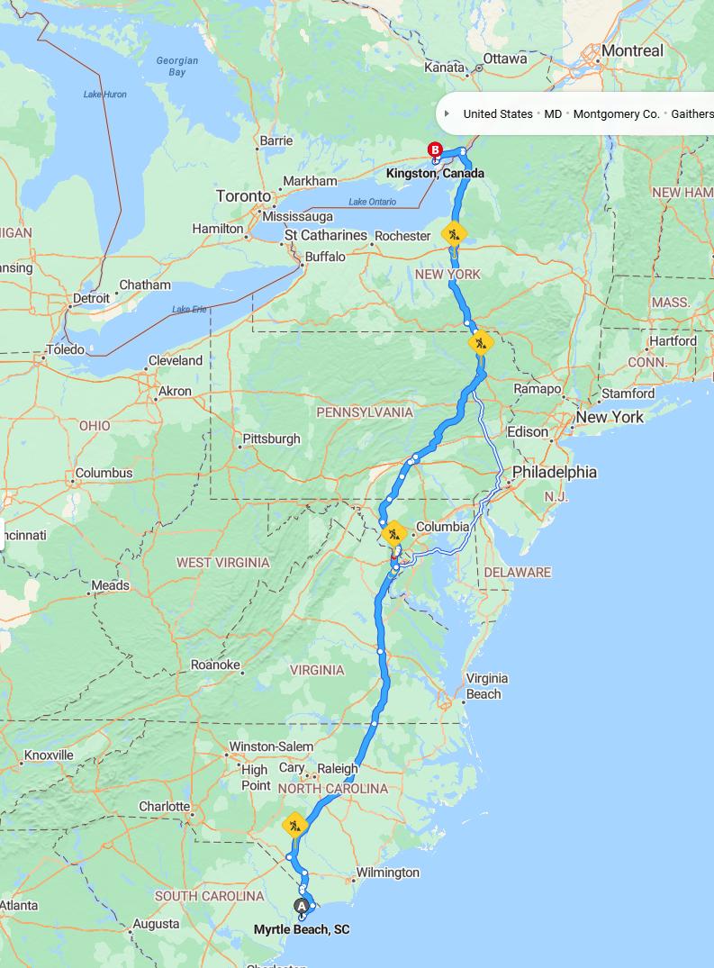 driving from Myrtle Beach, South Carolina to KingstonOntario - map and route