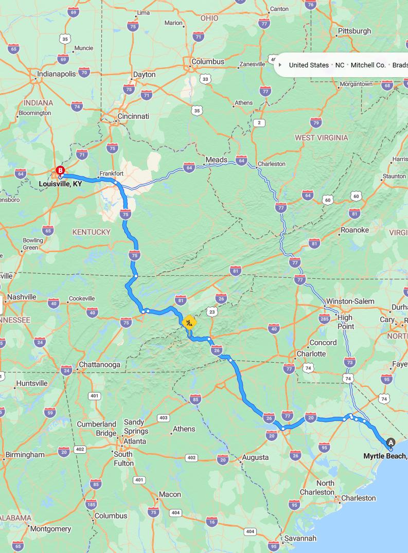 driving from Myrtle Beach, South Carolina to LouisvilleKentucky - map and route