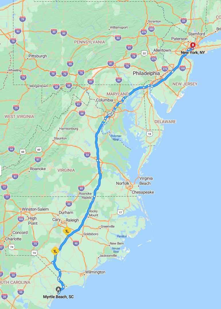 driving from Myrtle Beach, South Carolina to New YorkNew York - map and route