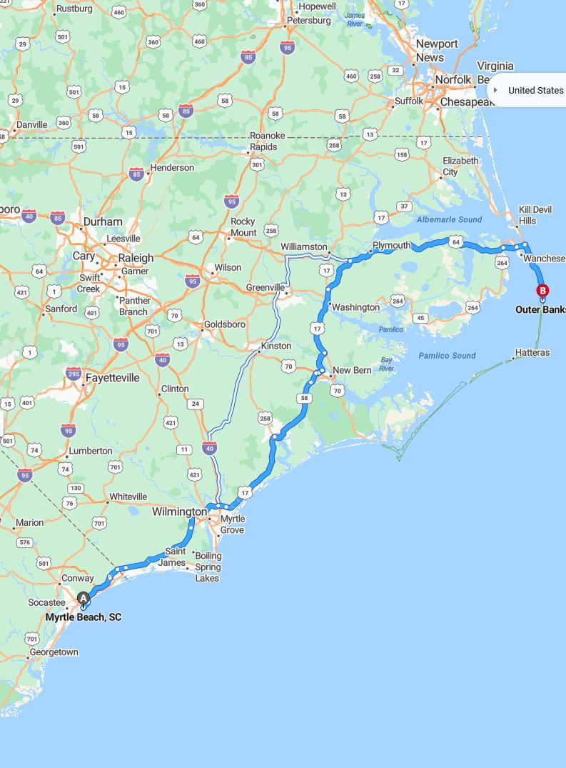 driving from Myrtle Beach, South Carolina to Outer BanksNorth Carolina - map and route