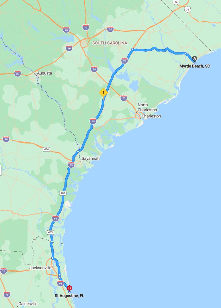 driving from Myrtle Beach, South Carolina to St. AugustineFlorida - map and route