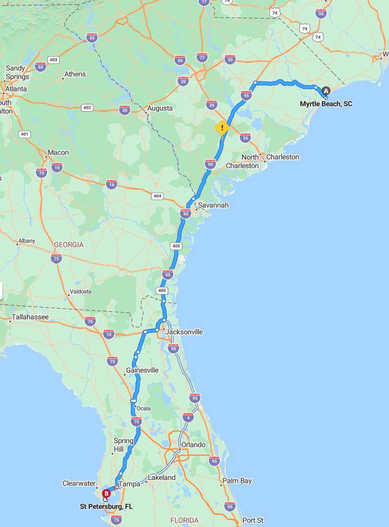 driving from Myrtle Beach, South Carolina to St. PetersburgFlorida - map and route