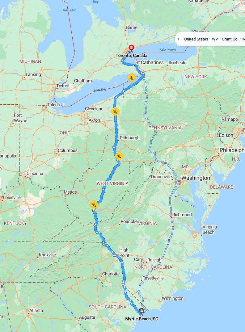 driving from Myrtle Beach, South Carolina to TorontoOntario - map and route