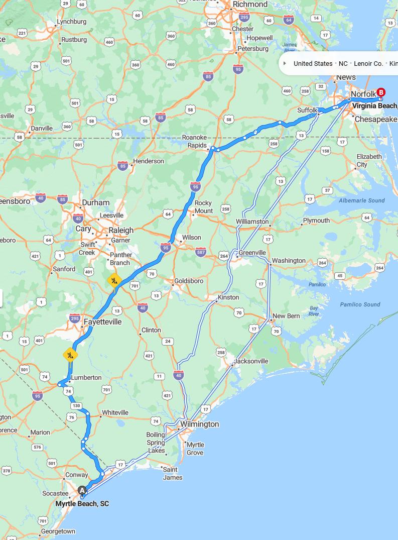 driving from Myrtle Beach, South Carolina to Virginia BeachVirginia - map and route