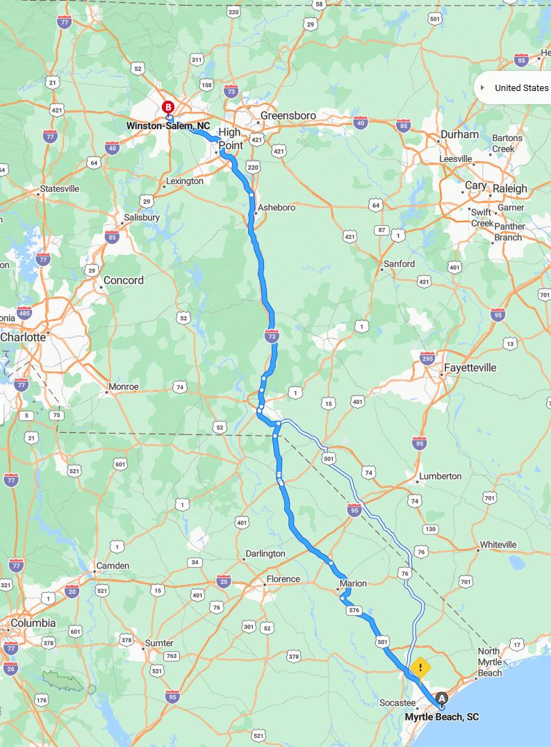 driving from Myrtle Beach, South Carolina to Winston SalemNorth Carolina - map and route