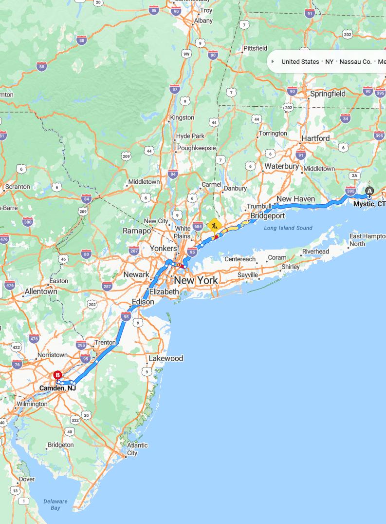 driving from Mystic, Connecticut to CamdenNew Jersey - map and route