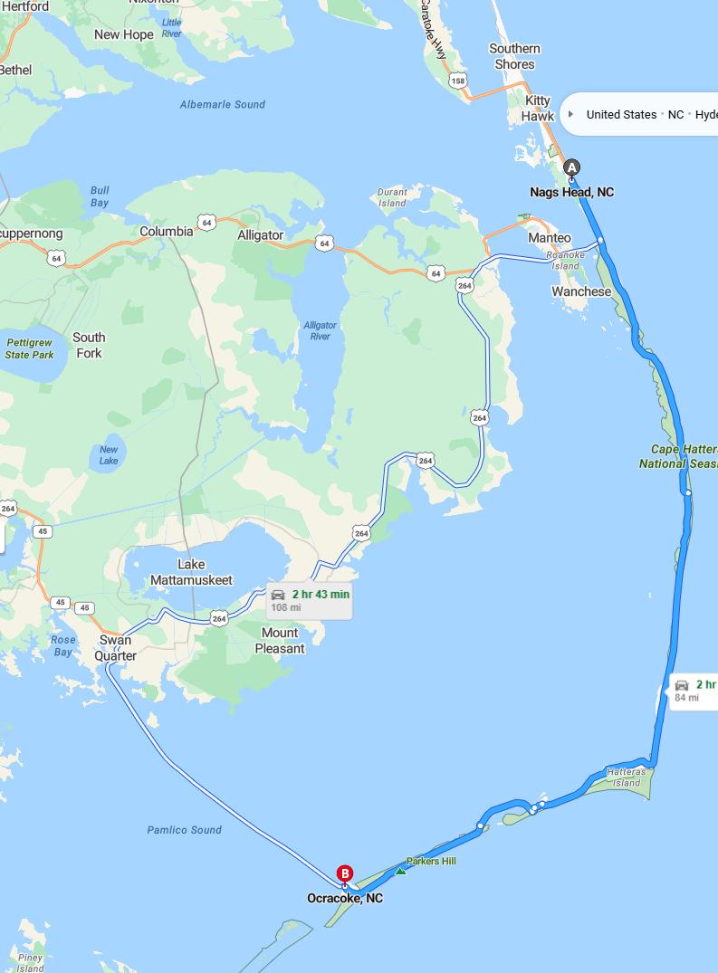 driving from Nags Head, North Carolina to OcracokeNorth Carolina - map and route