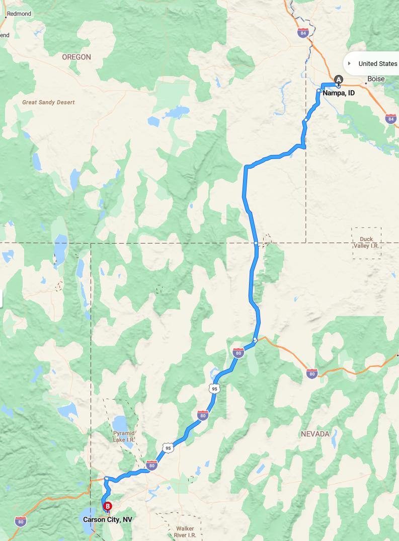 driving from Nampa, Idaho to Carson CityNevada - map and route