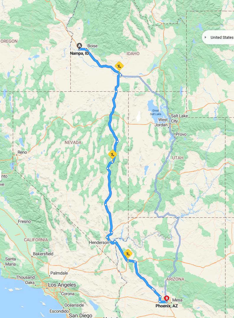 driving from Nampa, Idaho to PhoenixArizona - map and route