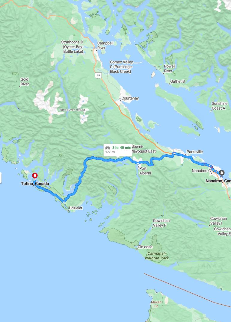 driving from Nanaimo, British Columbia to TofinoBritish Columbia - map and route