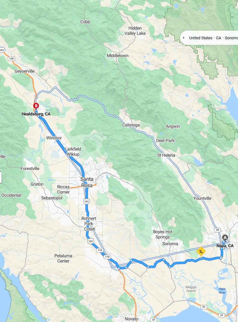 driving from Napa, California to HealdsburgCalifornia - map and route