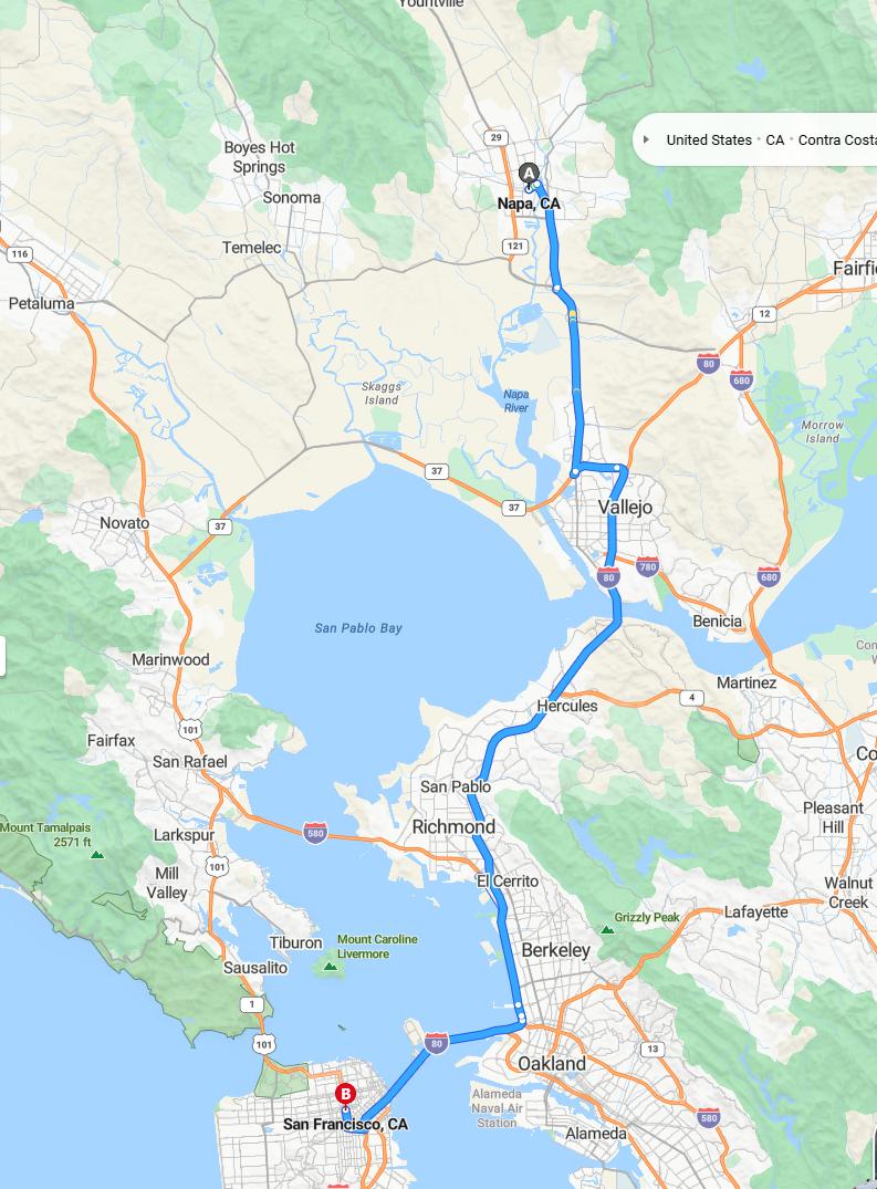 driving from Napa, California to San FranciscoCalifornia - map and route