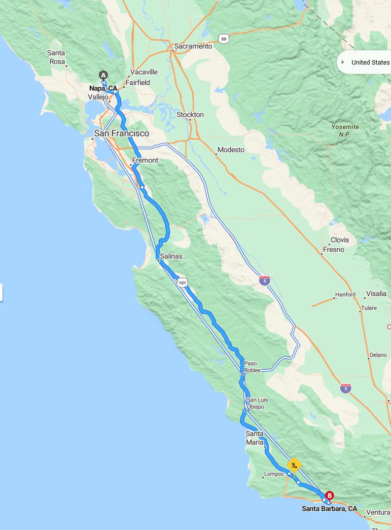 driving from Napa, California to Santa BarbaraCalifornia - map and route