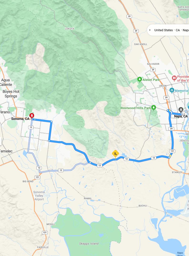 driving from Napa, California to SonomaCalifornia - map and route