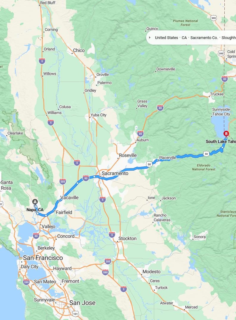 driving from Napa, California to South Lake TahoeCalifornia - map and route