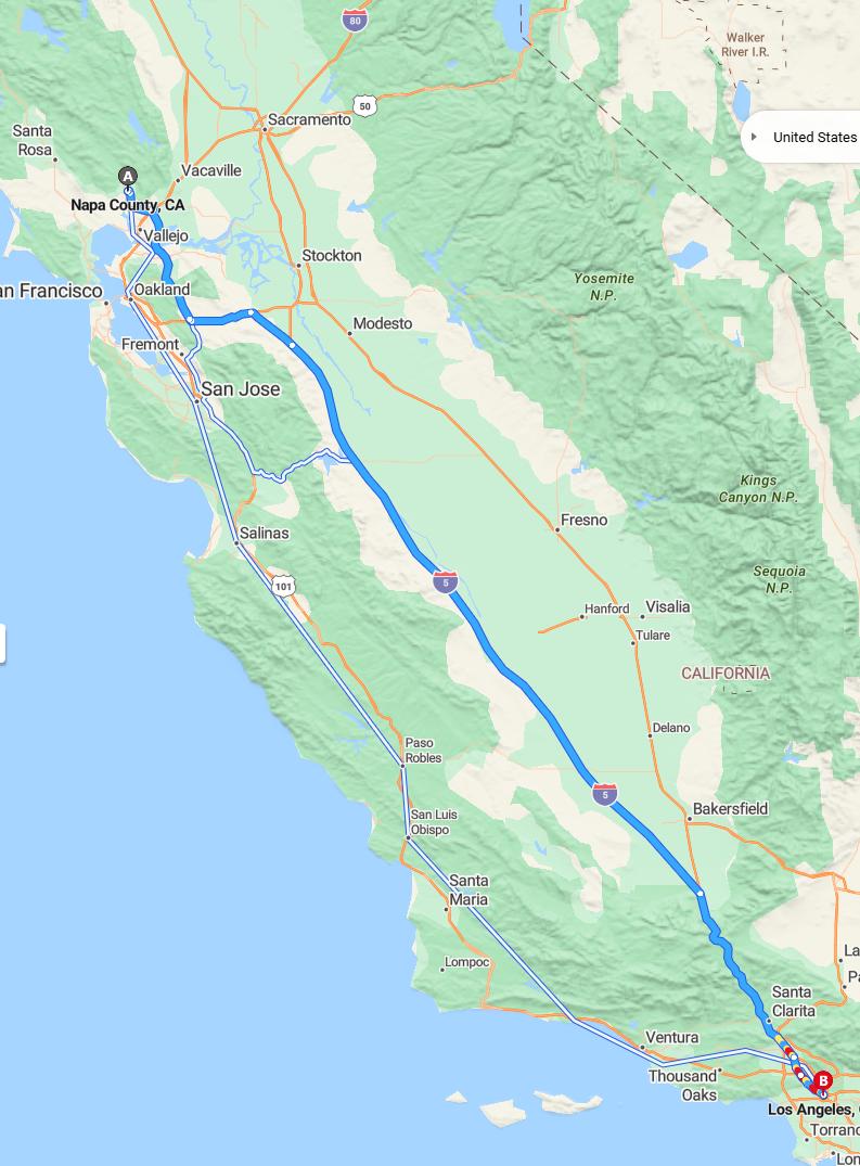 driving from Napa Valley, California to Los AngelesCalifornia - map and route