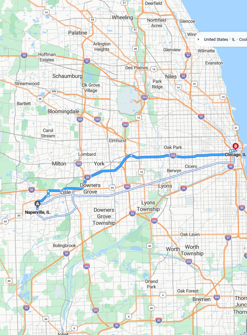 driving from Naperville, Illinois to ChicagoIllinois - map and route