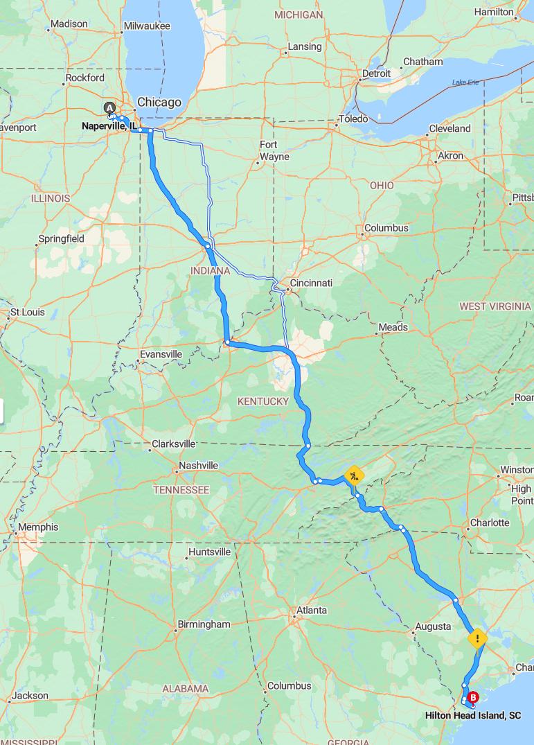 driving from Naperville, Illinois to Hilton HeadSouth Carolina - map and route