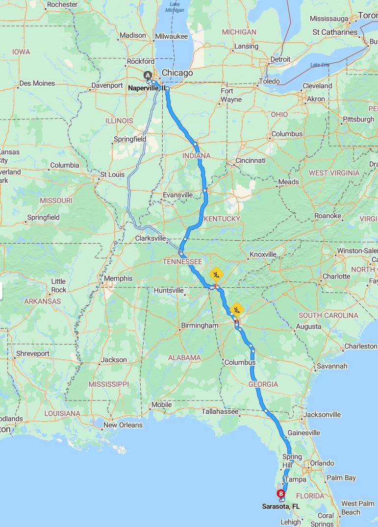 driving from Naperville, Illinois to SarasotaFlorida - map and route
