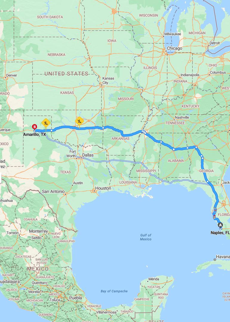 driving from Naples, Florida to AmarilloTexas - map and route