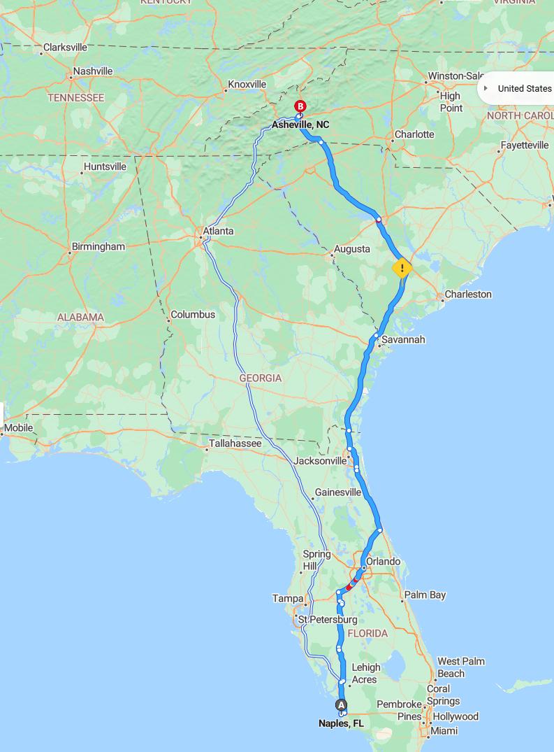 driving from Naples, Florida to AshevilleNorth Carolina - map and route