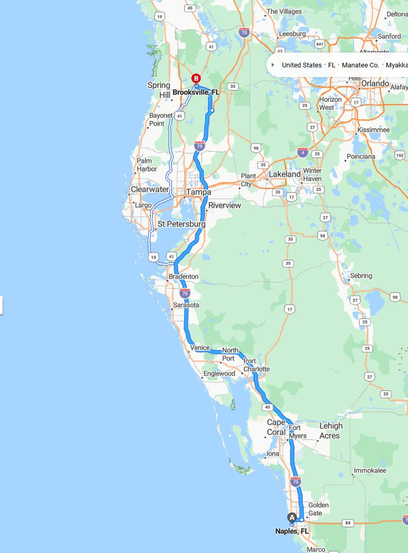 driving from Naples, Florida to BrooksvilleFlorida - map and route