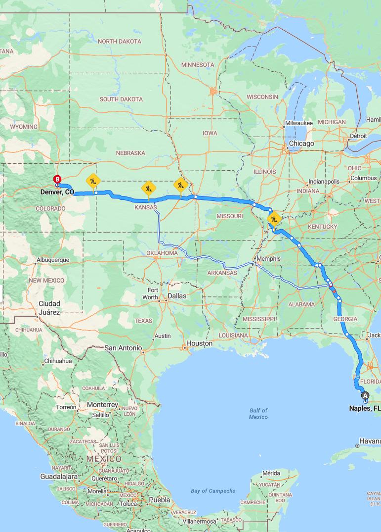 driving from Naples, Florida to DenverColorado - map and route