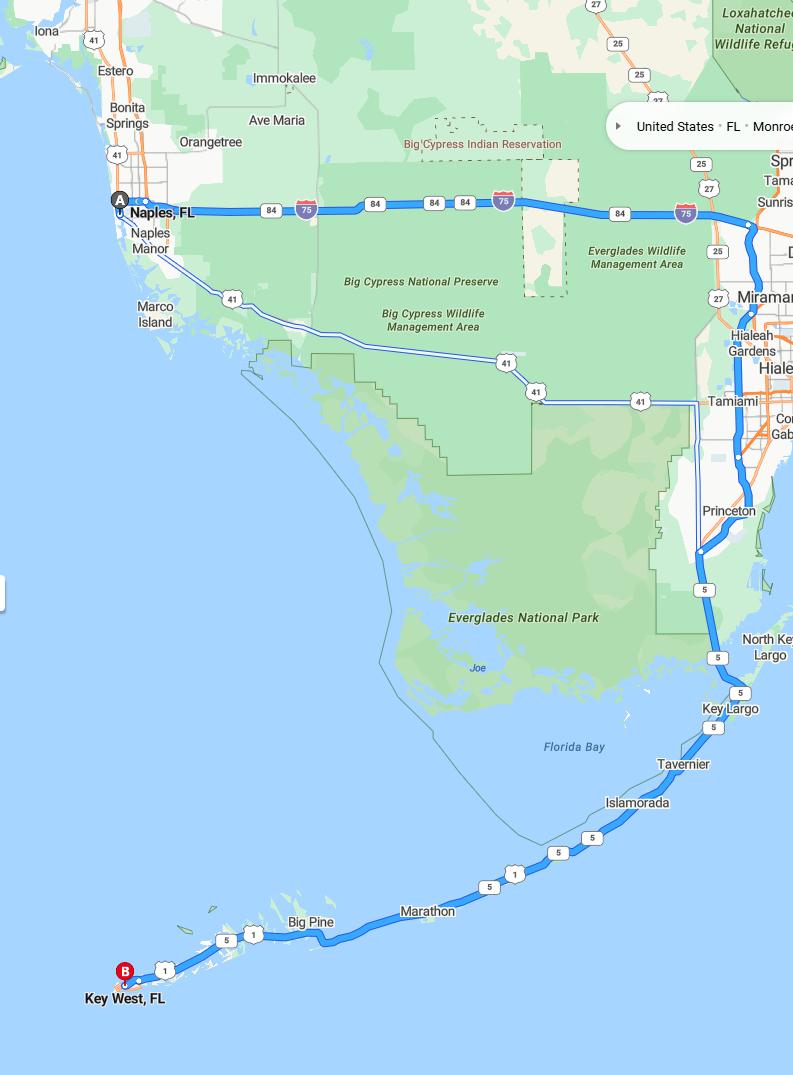 driving from Naples, Florida to Key WestFlorida - map and route