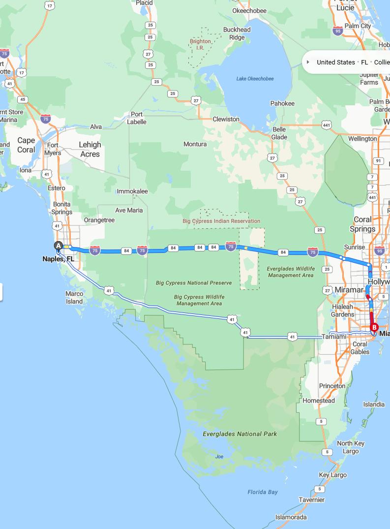 driving from Naples, Florida to MiamiFlorida - map and route