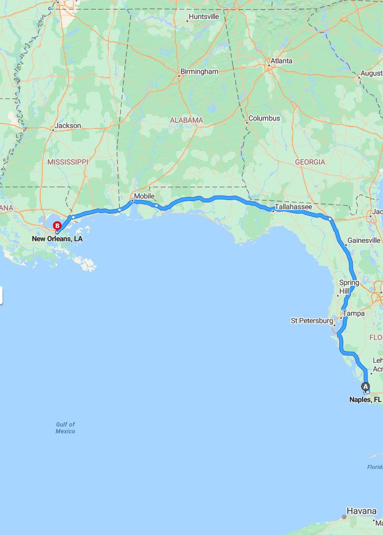 driving from Naples, Florida to New OrleansLouisiana - map and route