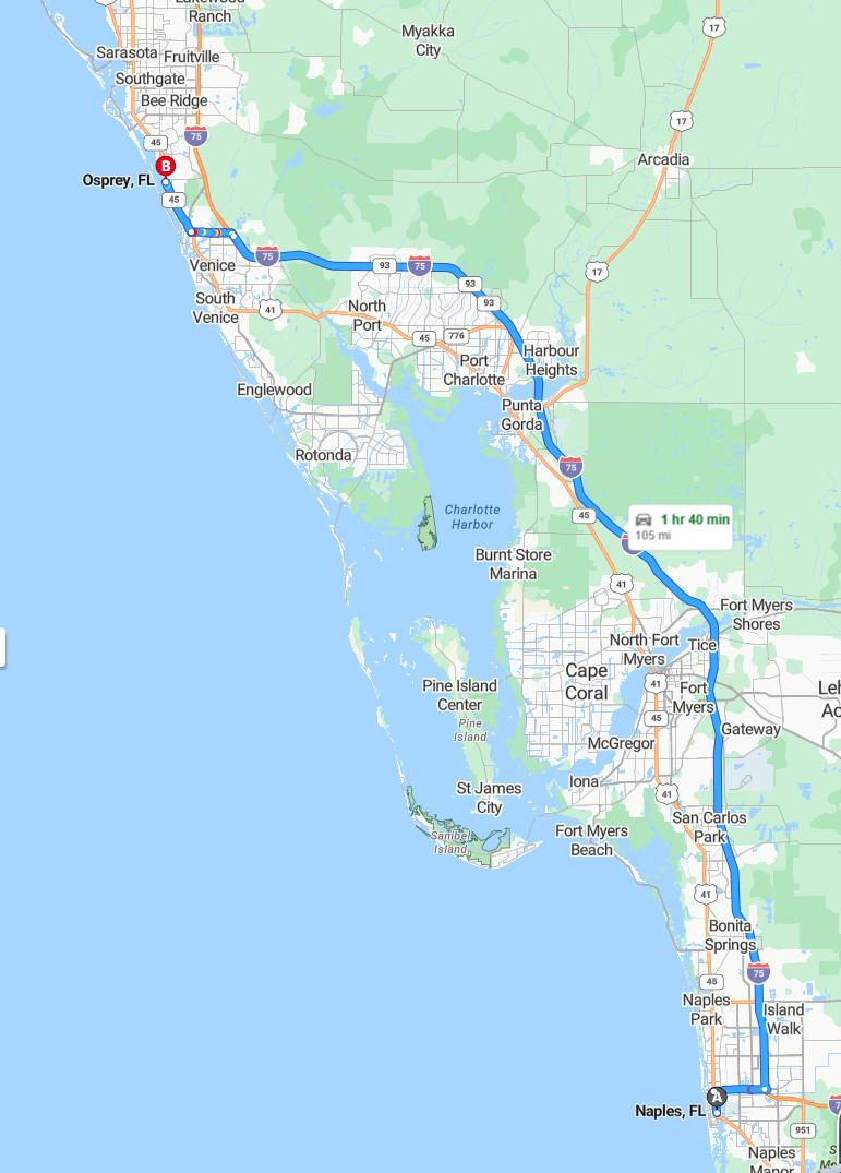 driving from Naples, Florida to OspreyFlorida - map and route